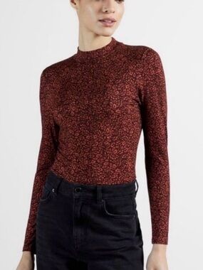 Ted Baker Burgundy Leopard-Print Mock Neck Long Sleeve Top